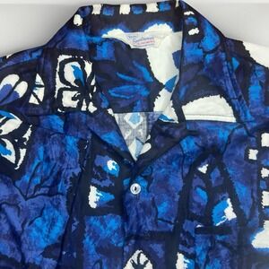 Vintage 70s Sears Sportswear Hawaiian Shirt Mens Medium Blue Aloha Barcloth Loop